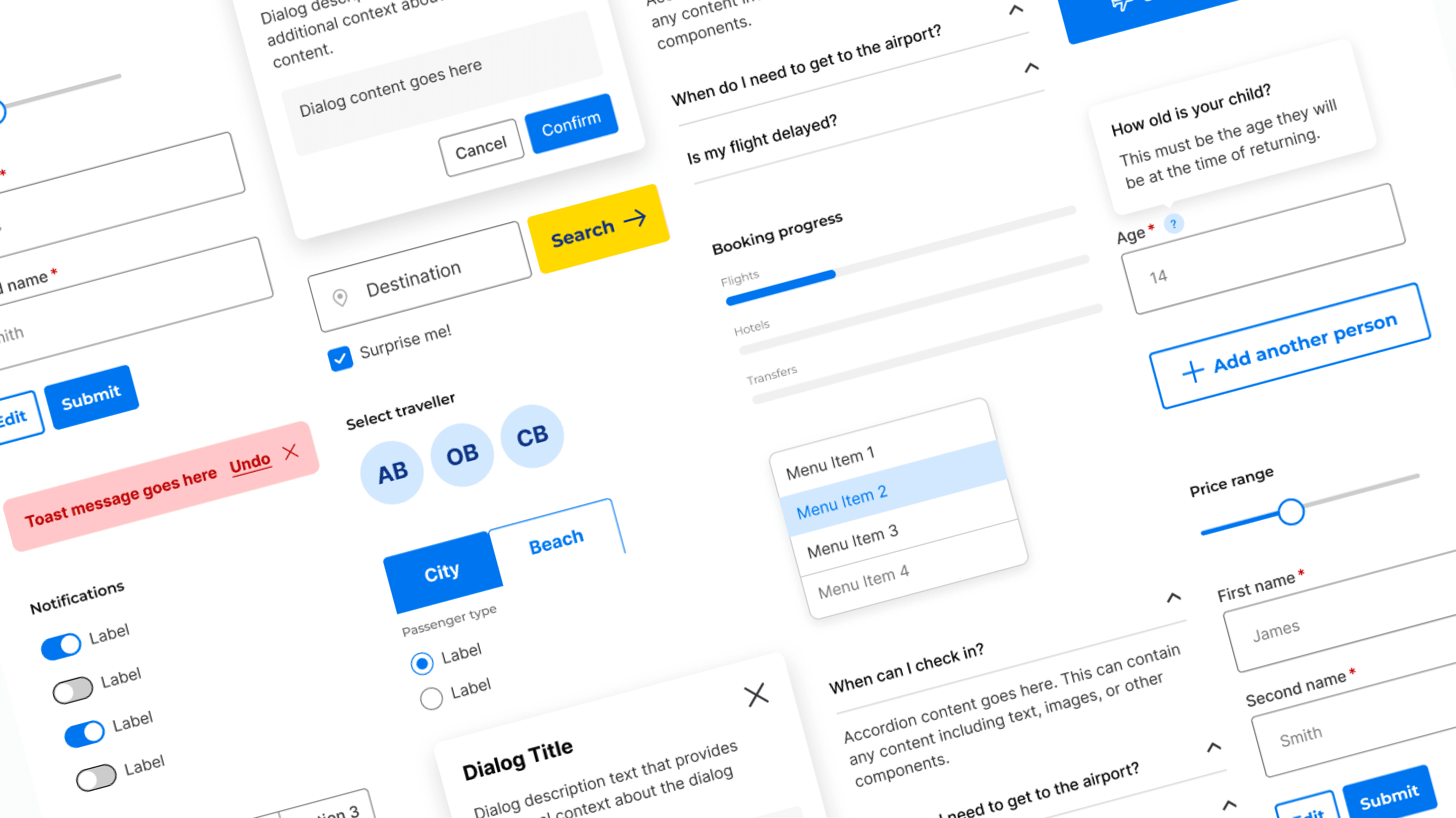 On The Beach design system component library showing buttons, forms, and booking controls