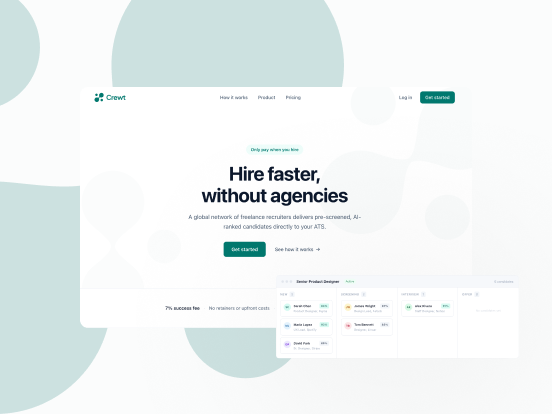 Crewt landing page showing a freelance recruiter hiring platform